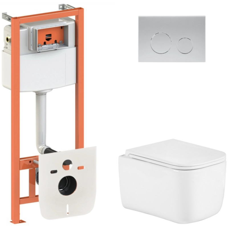 Готовое решение Qtap для ванной комнаты: подвесной унитаз Gemini Ultra Quiet 485×340×350 + комплект инсталляции Nest 4 в 1 (круглая клавиша Satin)
