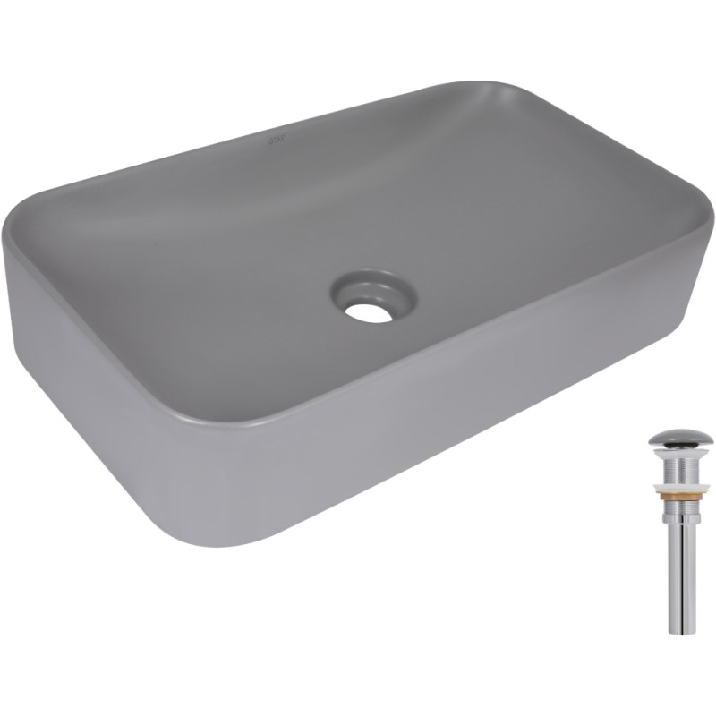 Раковина накладная Qtap Tern 610x350x135 мм, Stone grey, прямоугольная, с донным клапаном QTTER188SG49789