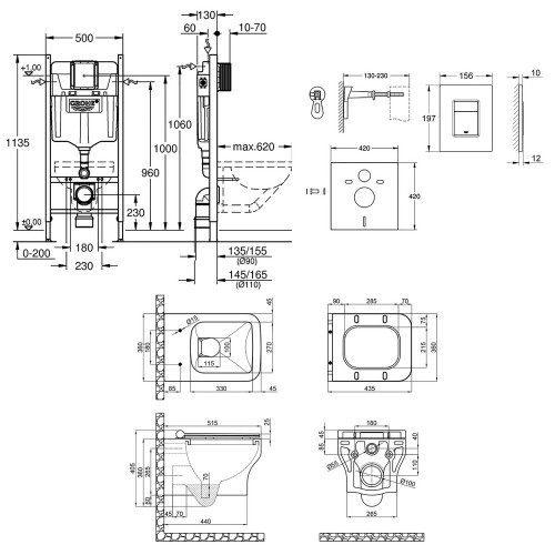Набор инсталляция 4 в 1 Grohe Rapid SL 3884000G + унитаз с сиденьем Qtap Cardinal QT0433C660HW