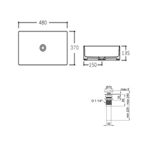 Комплект Qtap Tern: Раковина накладная прямоугольная 475х370х140 мм Matt Black + Донный клапан PU03