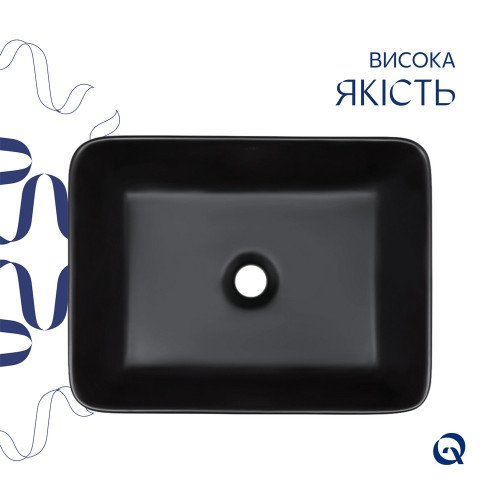 Комплект Qtap Tern: Раковина накладная прямоугольная 475х370х140 мм Matt Black + Донный клапан PU03