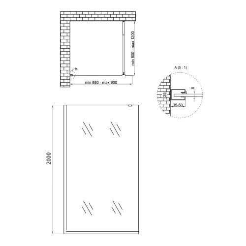 Душевая перегородка Qtap Walk-In Standard BLM209.C8 90х200 см, стекло Clear 8 мм, покрытие CalcLess