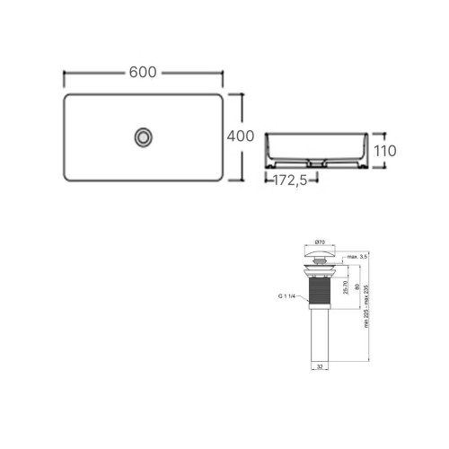 Комплект Qtap Tern: Раковина накладная прямоугольная 600x405x110 мм WHITE + Донный клапан PU02