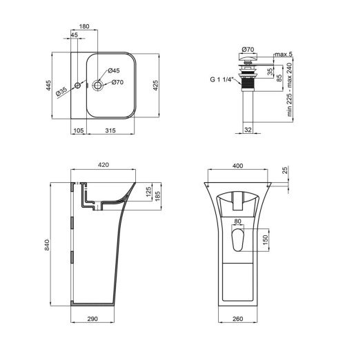Комплект Qtap Crow: Раковина напольная моноблок 450x435x835 мм White + Донный клапан PU02O