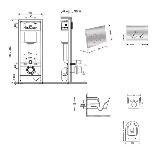 Готове рішення Qtap для ванної кімнати: підвісний унітаз Swan Ultra Quiet 520x360x320 + комплект інсталяції Nest 4 в 1 (кругла клавіша Chrome)