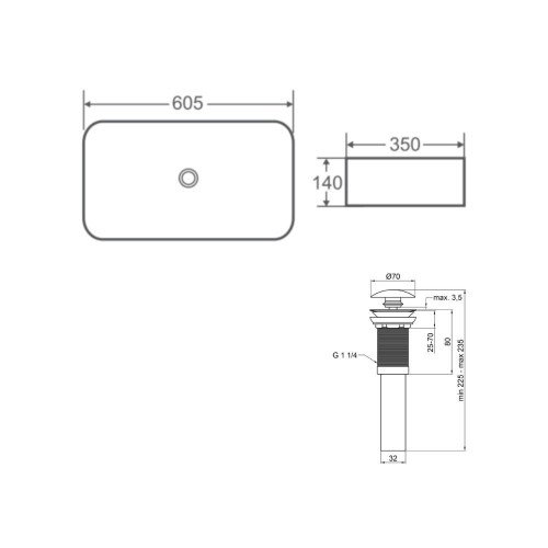 Комплект Qtap Tern: Раковина накладная прямоугольная 605x350x140 мм WHITE + Донный клапан PU02