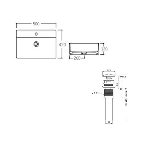 Комплект Qtap Nando LT: Раковина подвесная прямоугольная 500х420х120 мм White + Донный клапан PU02O