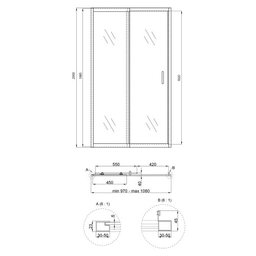Душевая дверь в нишу Qtap Taurus CRM201-11.C6 97-108x185 см, стекло Clear 6 мм, покрытие CalcLess