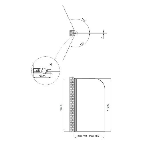 Штора на ванну Qtap Standard BLM407513APL стекло Pear 6 мм, 75х140 см, левая