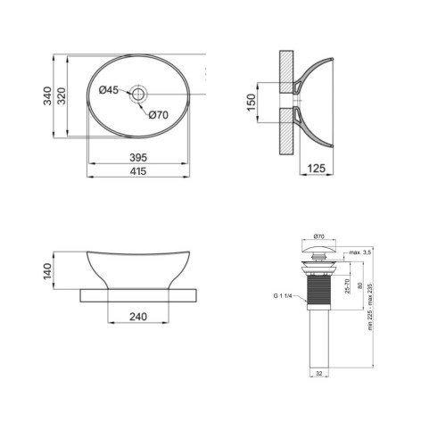 Комплект Qtap Dove: Раковина накладная овальная 410x335x145 мм Matt Black + Донный клапан PU03