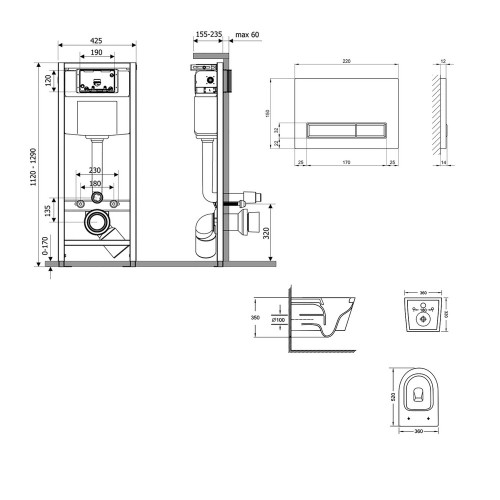 Готовое решение Qtap для ванной комнаты: подвесной унитаз Jay Ultra Quiet 520x360x320 + комплект инсталляции Nest 4 в 1 (линейная клавиша White)