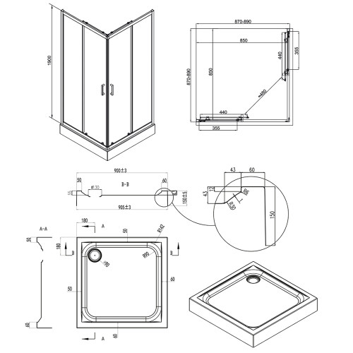 Набір Qtap душова кабіна Taurus BLA1099SC6 Clear + піддон Unisquare 309915