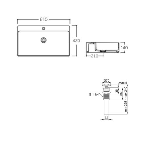 Комплект Qtap Nando LT: Раковина подвесная прямоугольная 600х440х130 мм White + Донный клапан PU02O