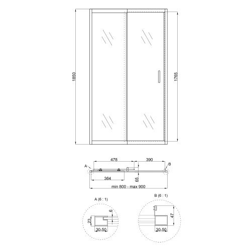 Душевая дверь в нишу Qtap Taurus CRM208-9.C6 80-90x185 см, стекло Clear 6 мм, покрытие CalcLess