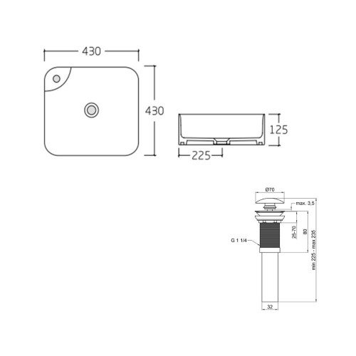 Комплект Qtap Stork: Раковина накладная квадратная 430x430x120 мм White + Донный клапан PU02