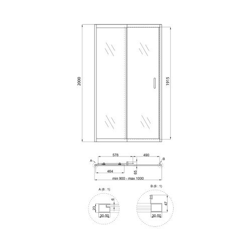 Душевая дверь в нишу Qtap Taurus CRM209-1.C6 90-100x200 см, стекло Clear 6 мм, покрытие CalcLess