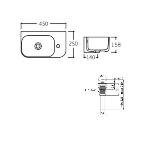 Комплект Qtap Tern: Раковина подвесная прямоугольная правая 450х260х155 мм White + Донный клапан PU02O