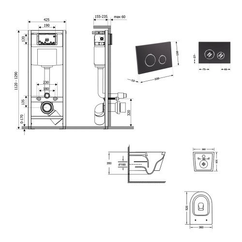 Готовое решение Qtap для ванной комнаты: подвесной унитаз Jay Ultra Quiet 520x360x320 + комплект инсталляции Nest 4 в 1 (круглая клавиша Black mat)