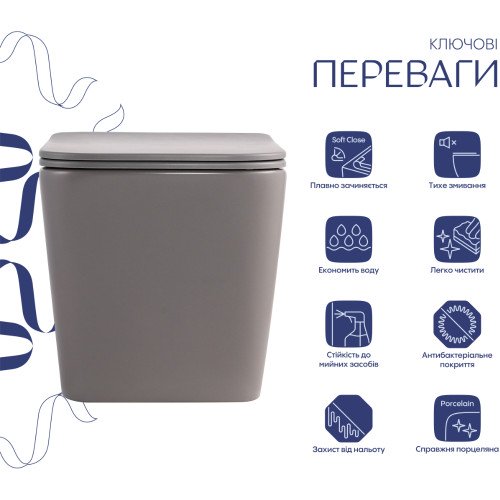 Унитаз подвесной Tern Ultra Quiet 490×365×325 мм, Stone Grey, с сиденьем Slim Duroplast / Soft-close / Quick Release QT17332303ASSG Qtap
