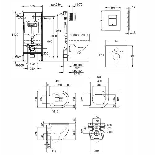 Набір інсталяція 4 в 1 Grohe Rapid SL 38772001 + унітаз з сидінням Qtap Robin QT1333046ENRW