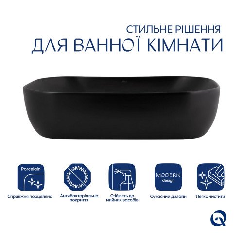 Комплект Qtap Robin: Раковина накладная прямоугольная 600x390x150 мм Matt Black + Донный клапан PU03