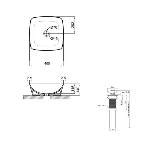 Комплект Qtap Kolibri: Раковина накладна 400x400x140 мм, White, квадратна + Донний клапан Pop-up PU02