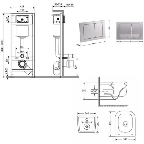 Готовое решение Qtap для ванной комнаты: подвесной унитаз Gemini Ultra Quiet 485×340×350 + комплект инсталляции Nest 4 в 1 (квадратная клавиша Satin)
