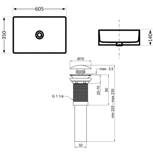 Раковина накладная Qtap Tern 610x350x135 мм, Marble, прямоугольная, с донным клапаном QTTER188MR49791