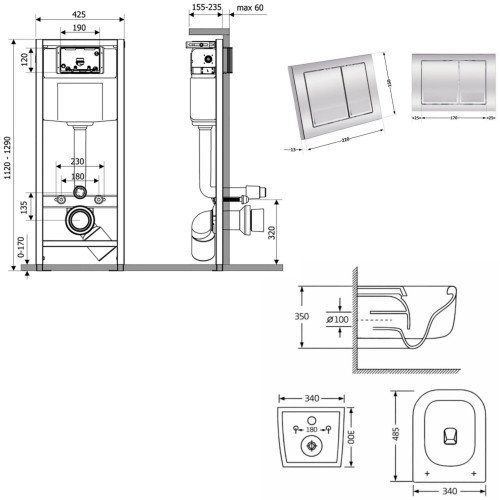 Готовое решение Qtap для ванной комнаты: подвесной унитаз Gemini Ultra Quiet 485×340×350 + комплект инсталляции Nest 4 в 1 (квадратная клавиша Chrome)