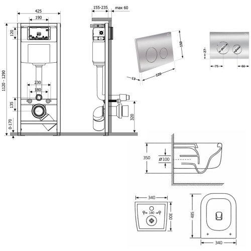 Готовое решение Qtap для ванной комнаты: подвесной унитаз Gemini Ultra Quiet 485×340×350 + комплект инсталляции Nest 4 в 1 (круглая клавиша Chrome)
