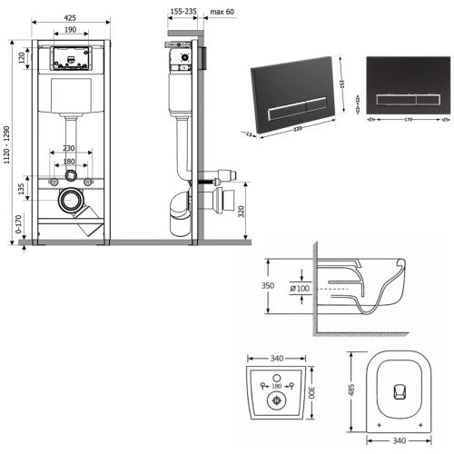 Готовое решение Qtap для ванной комнаты: подвесной унитаз Gemini Ultra Quiet 485×340×350+ комплект инсталляции Nest 4в1 (линейная клавиша Matt Black)