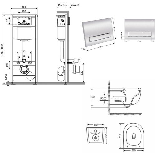 Готовое решение Qtap для ванной комнаты: подвесной унитаз Taurus Ultra Quiet 515×360×350 + комплект инсталляции Nest 4 в 1 (линейная клавиша Chrome)