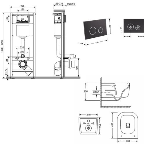Готовое решение Qtap для ванной комнаты: подвесной унитаз Gemini Ultra Quiet 485×340×350 + комплект инсталляции Nest 4в1 (круглая клавиша Matt Black)