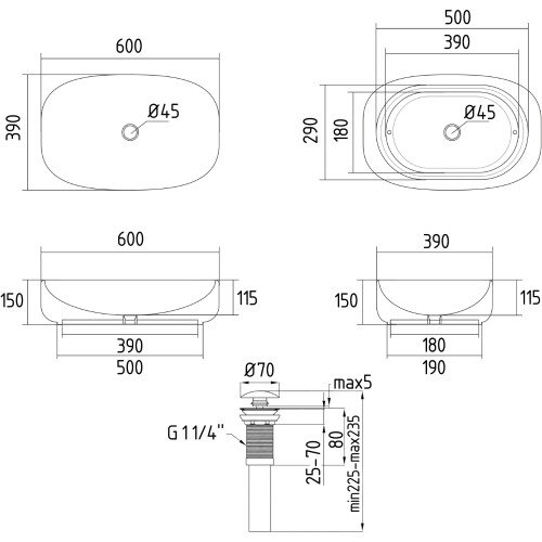 Раковина накладна Qtap Robin 600x390x150 мм, Stone grey, прямокутна, з донним клапаном QTROB188SG49786