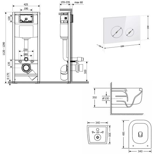 Готовое решение Qtap для ванной комнаты: подвесной унитаз Gemini Ultra Quiet 485×340×350 + комплект инсталляции Nest 4 в 1 (круглая клавиша White)