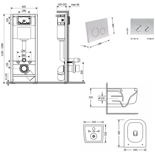 Готовое решение Qtap для ванной комнаты: подвесной унитаз Gemini Ultra Quiet 485×340×350 + комплект инсталляции Nest 4 в 1 (круглая клавиша Satin)