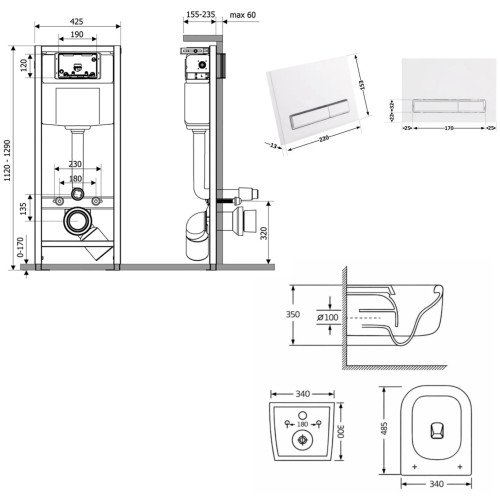 Готовое решение Qtap для ванной комнаты: подвесной унитаз Gemini Ultra Quiet 485×340×350 + комплект инсталляции Nest 4 в 1 (линейная клавиша White)